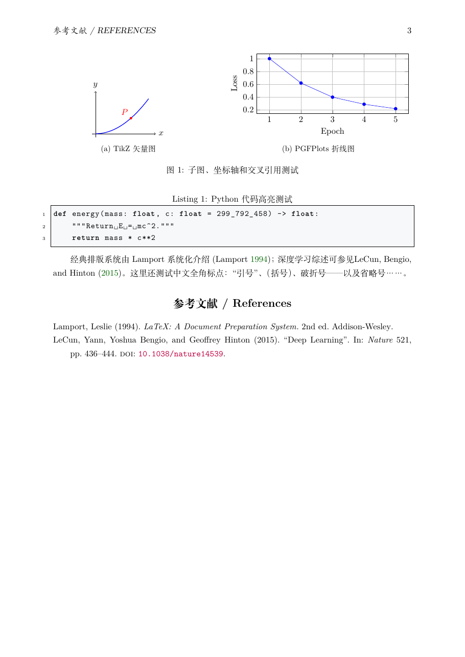 LaTeX sample page 3: TikZ, PGFPlots, code, and references